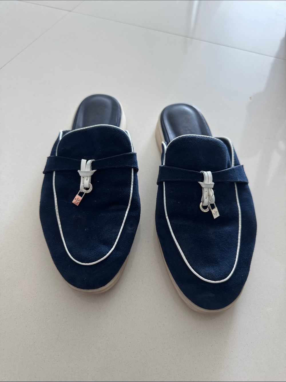 Loro Piana Navy Suede Slip-On Loafers with White Piping